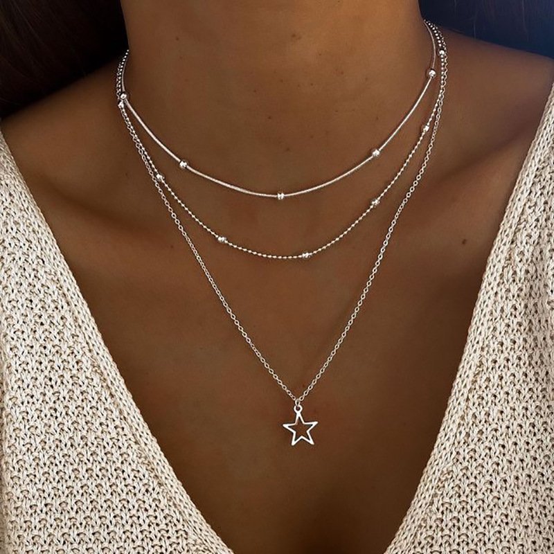14da2b1d-64c7-4928-9a1d-0c5ebdc7f7eb.jpg Hollow Pentagram Pendant Necklace Creative Personality Retro Multi-layer Twin Clavicle Chain - Image 1