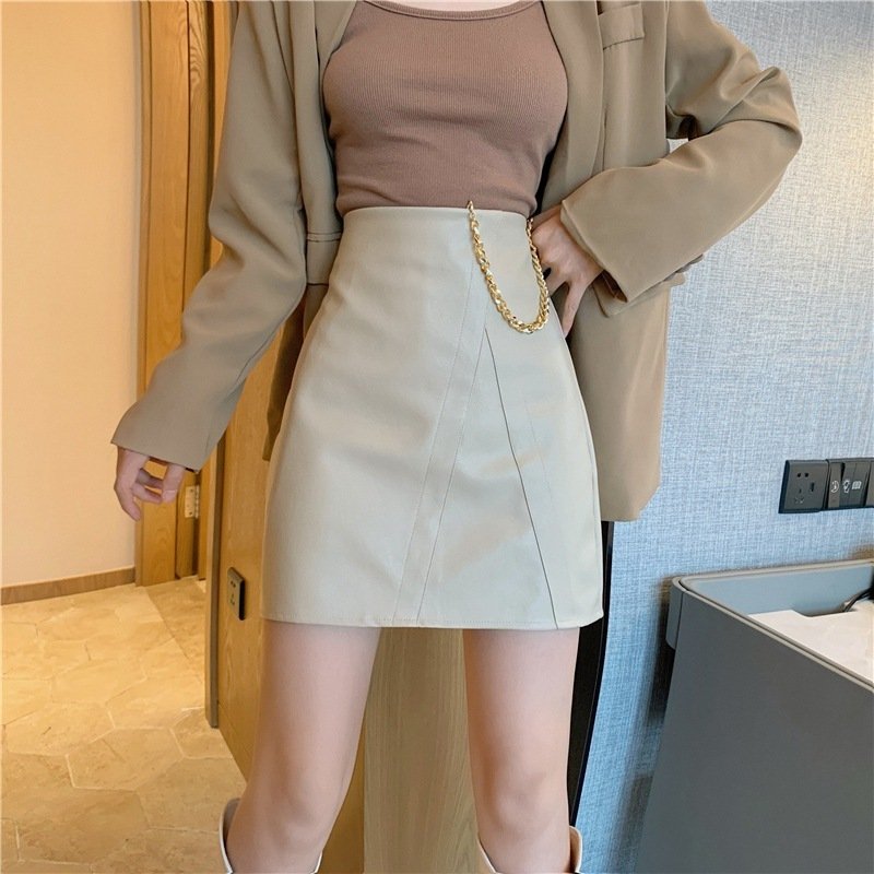 2055574715777.jpg Fashion Casual Stitching High Belt Chain Thin A-Line Leather Skirt - Image 1