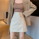 Fashion Casual Stitching High Belt Chain Thin A-Line Leather Skirt - Image 4