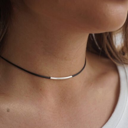 Black Leather Rope Metal Tube Necklace Women's Short Neck Collar Necklace Choker Women's Clavicle Chain