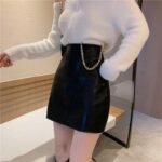Fashion Casual Stitching High Belt Chain Thin A-Line Leather Skirt - Image 2