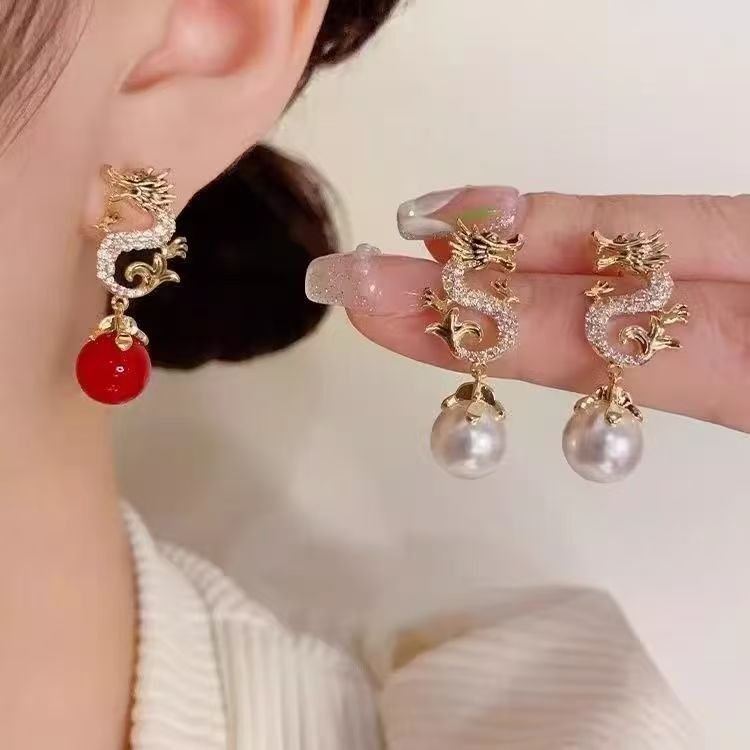 5fc845d7-6db0-477f-9884-1f74cff97132.jpg Women's Red Bead Pendant Dangle Earrings, Festive New Year Ear Jewelry, Niche Designer High-End Temperament Stud Earrings - Image 1
