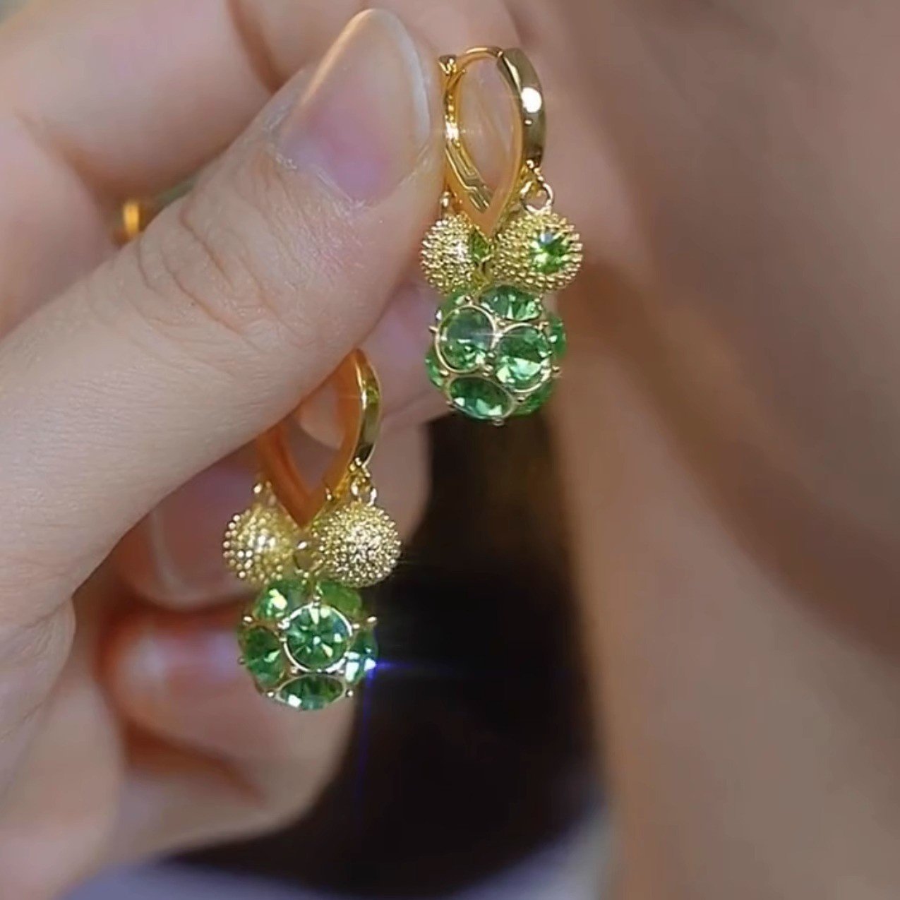 62e185b5-4a1a-47cc-b6e1-4a6e9347fb97.jpg Light Luxury Green Zircon Ball Drop Earrings, Elegant Huggie Hoop Ear Cuffs, Delicate Sparkling Design - Image 1