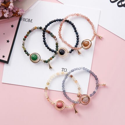 Sweet Simple Hollow Geometric Round Circle Crystal Beaded Tower Pendant Bracelet Bangle for Women Girlfriend