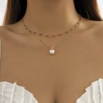 Simple Pearl Double Layered Clavicle Chain Necklace - Image 4