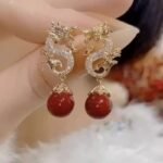 Women's Red Bead Pendant Dangle Earrings, Festive New Year Ear Jewelry, Niche Designer High-End Temperament Stud Earrings - Image 6