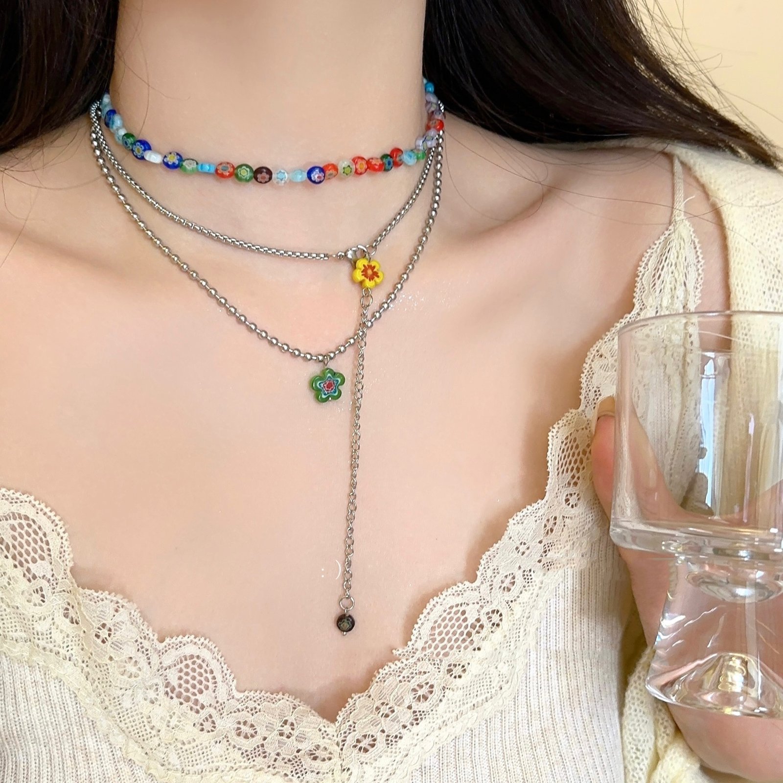 d53449ca-f62a-4fcf-bdae-dad93d787cc7.jpg Colored Flowers Clavicle Chain Design Sense Twin Necklace - Image 1