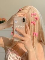 8 Pink Ribbon Bow Hair Clips On The Forehead - Image 3